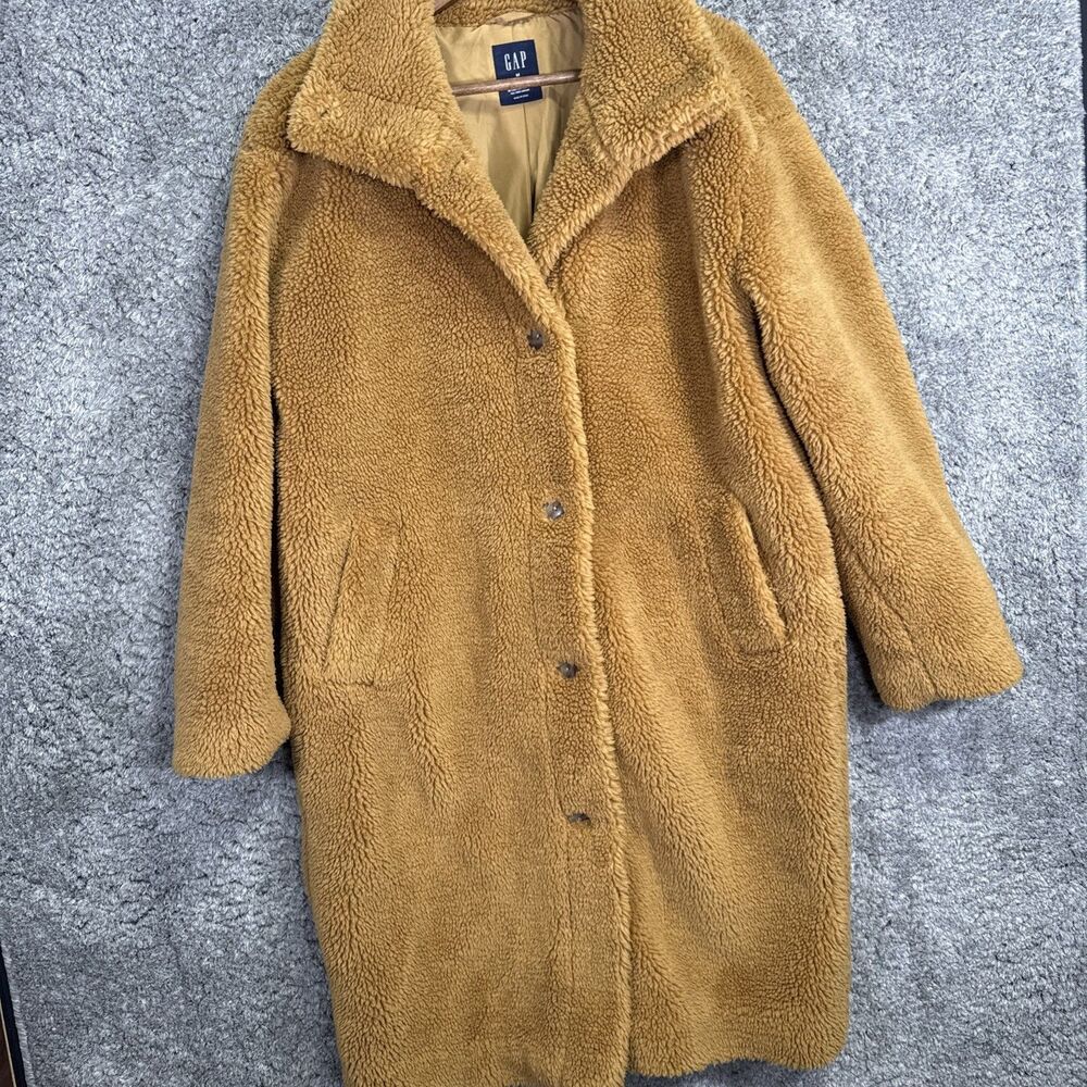 GAP Faux Fur Long Teddy Coat Medium Camel Brown Neutral Winter Trench